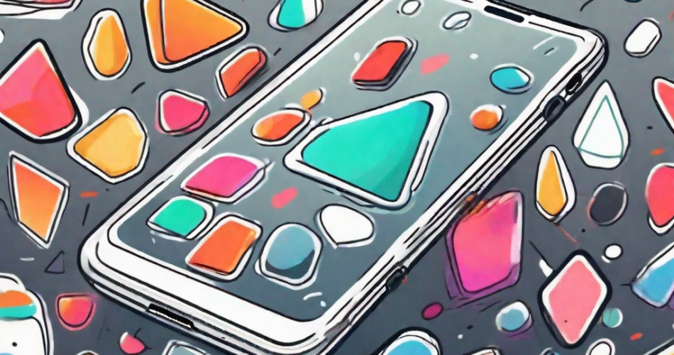 A smartphone with various dynamic and colorful notifications popping out from it in different shapes and sizes